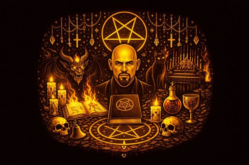Black altar and Sigil of Baphomet representing the non-theistic philosophy and ritual symbolism of LaVeyan Satanism