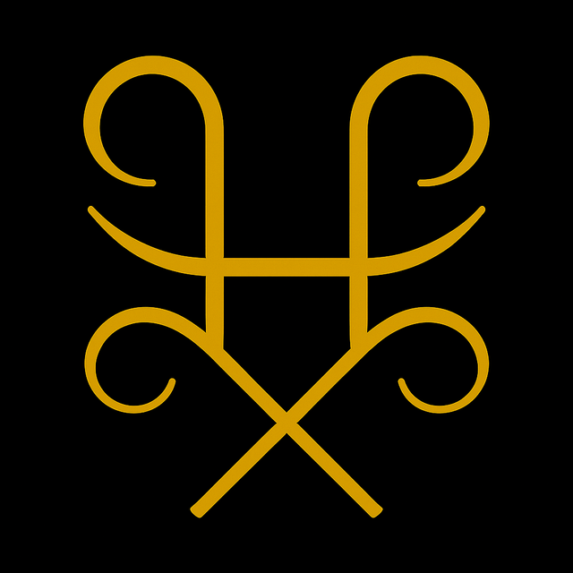 A golden sigil for “Left Hand Path vs Right Hand Path: Understanding Two Spiritual Roads,” featuring mirrored curling arcs branching from a central horizontal bar, crossed diagonal lines forming the base, all on a solid #000000 background.
