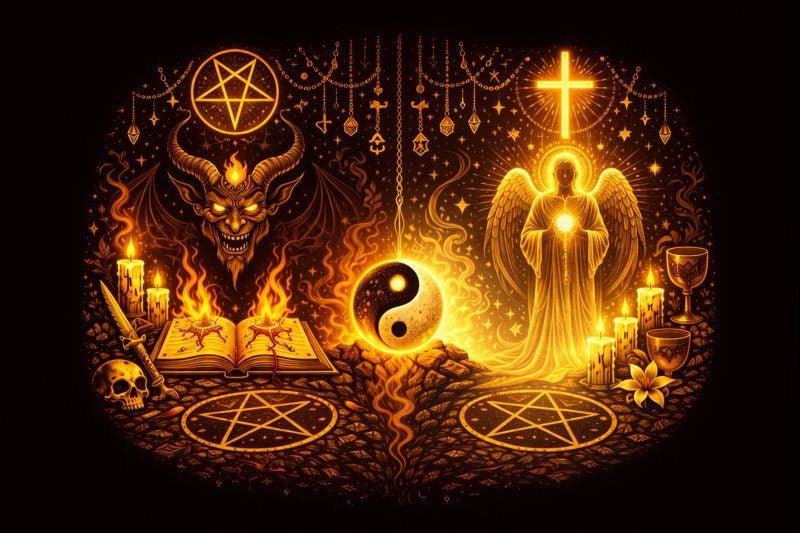 Two symbolic spiritual roads representing Left-Hand Path self-sovereignty and Right-Hand Path devotional union