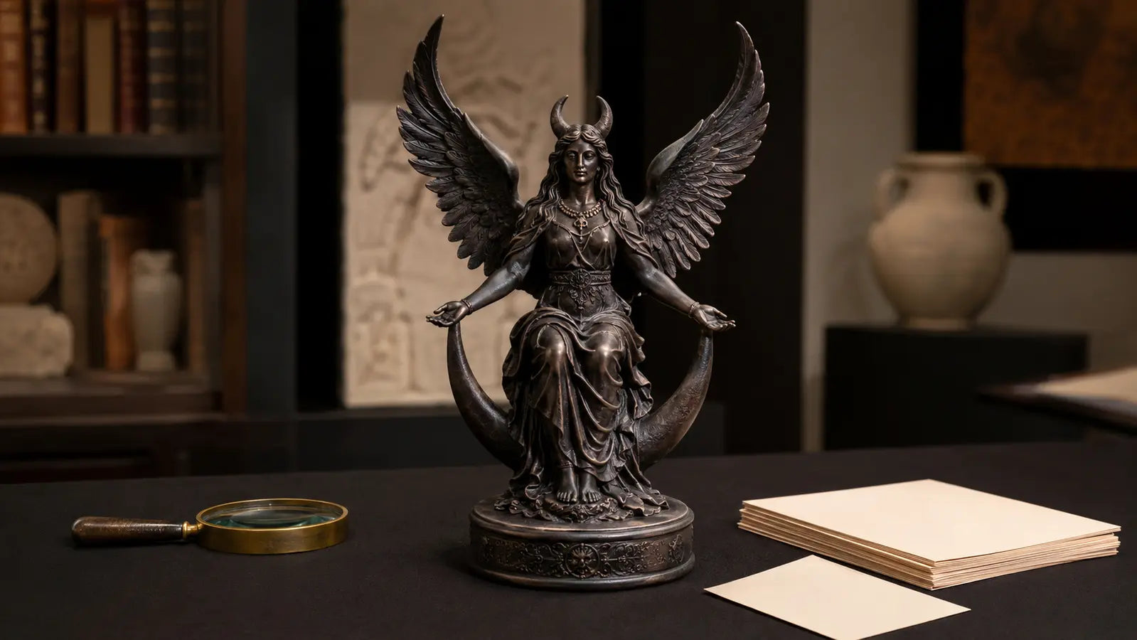 Bronze winged Lilith statue with crescent base, magnifying glass, and blank archival cards for examining statue symbols
