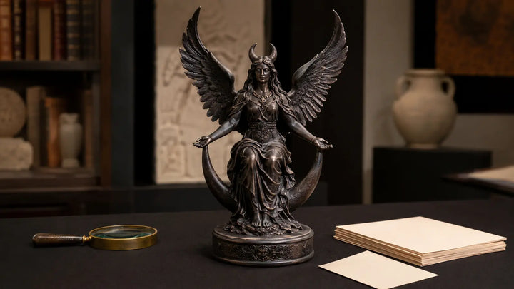 Bronze winged Lilith statue with crescent base, magnifying glass, and blank archival cards for examining statue symbols