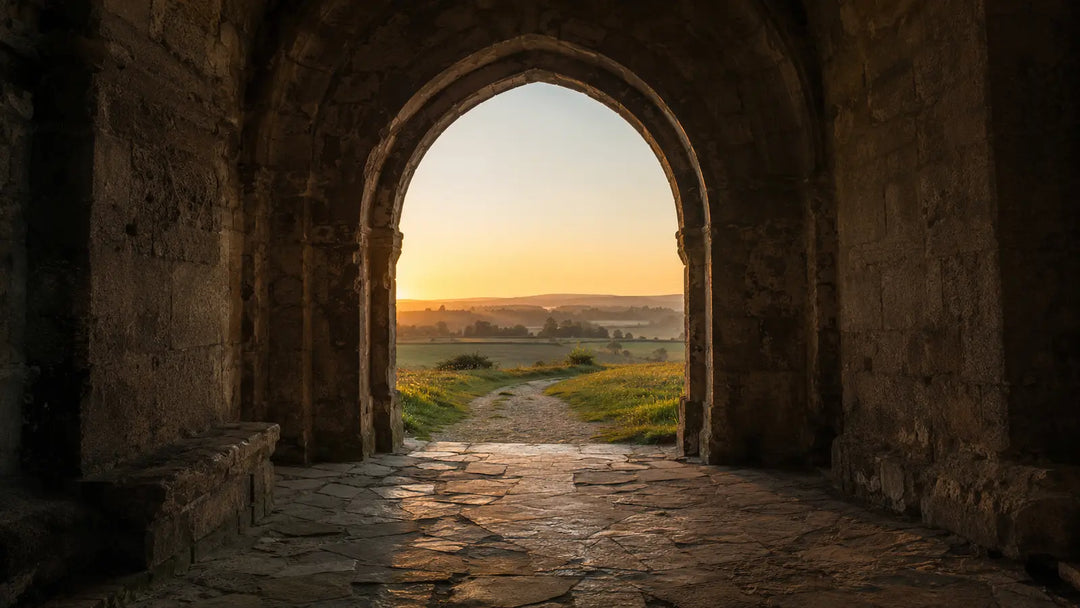 Stone archway opening from shadow onto a sunlit path illustrating a liminal threshold space