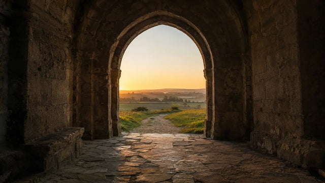 Stone archway opening from shadow onto a sunlit path illustrating a liminal threshold space
