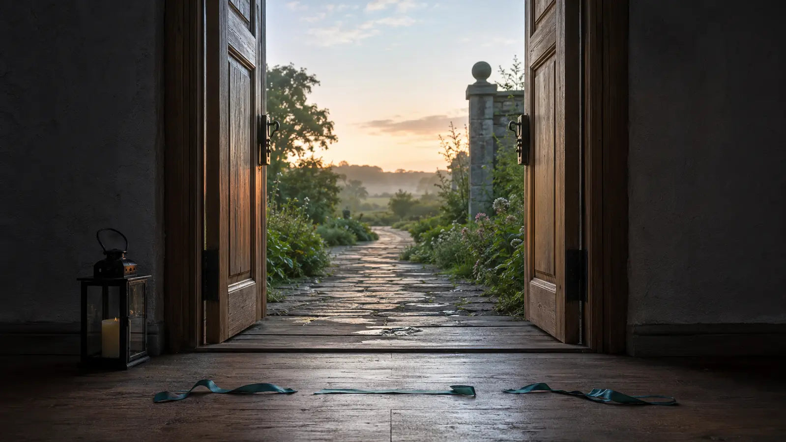 Open doorway leading to a garden path at dawn for a liminal ritual marking a life transition