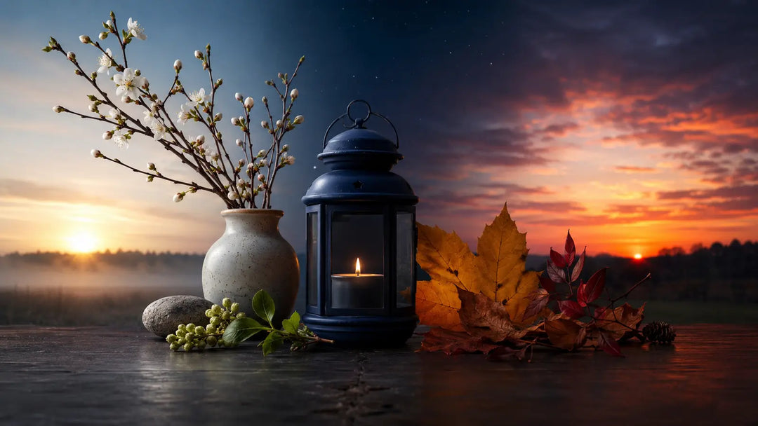 Lantern between dawn and dusk skies with spring blossoms and autumn leaves representing liminal times and seasonal turning points