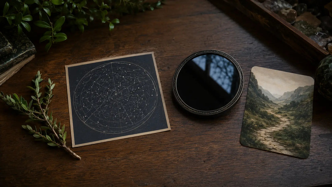 Branch, star map, black scrying mirror, and winding path arranged to compare liminality, hedge crossing, astral travel, scrying, and pathworking