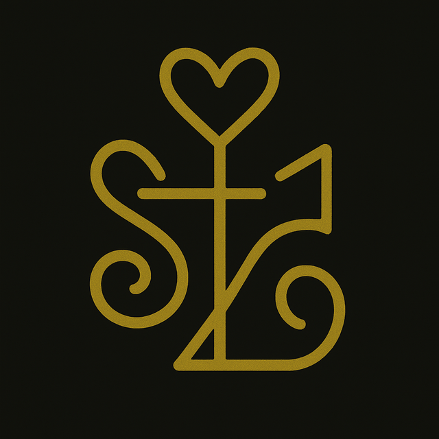 A golden sigil for “Love on Paper: Writing Intentions & Casting Paper Love Spells,” featuring a heart-topped stem, intersecting bars, and curling loops on a black background.