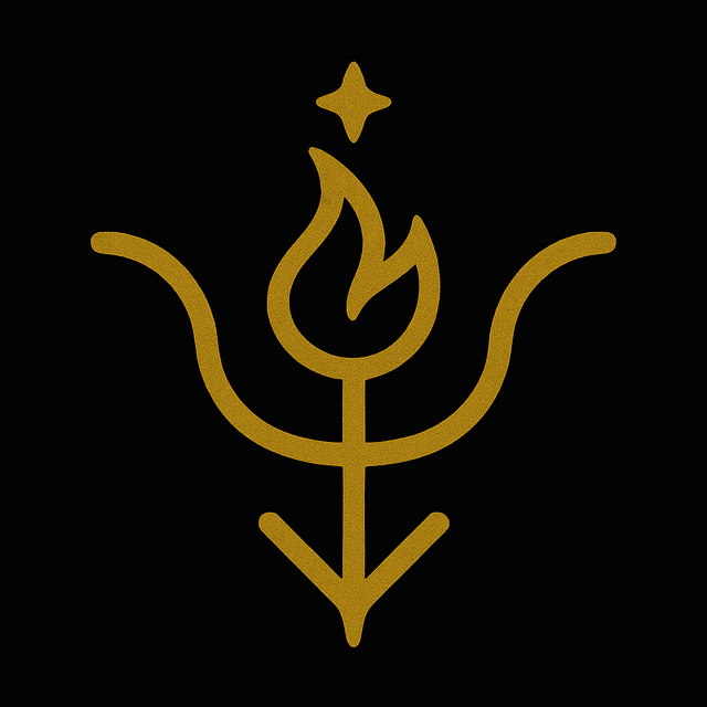 A golden sigil for “Luciferianism: The Light-Bringer’s Path to Freedom & Self-Empowerment,” featuring a central flame with curved wings, a downward-pointed base, and a star above, all on a black background.