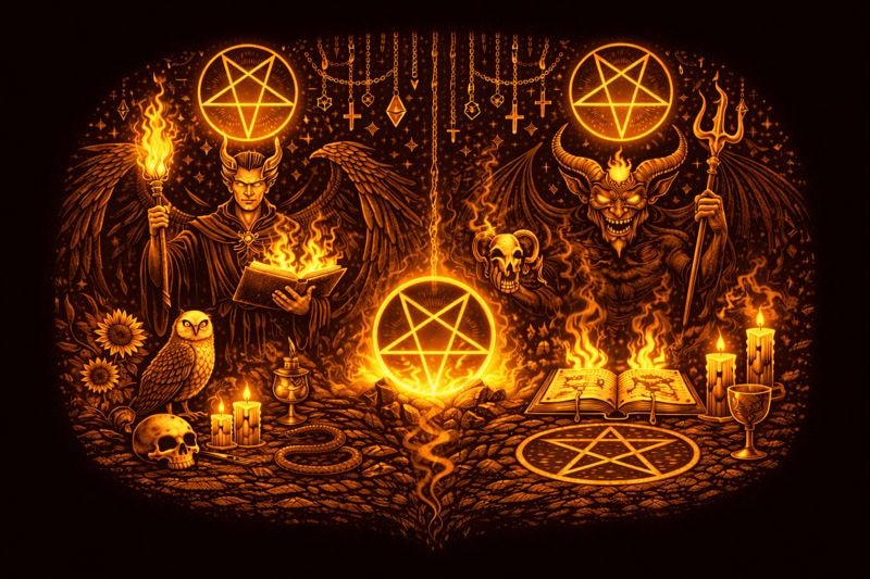 Morning star and adversarial pentagram symbolism comparing Luciferianism and Satanism