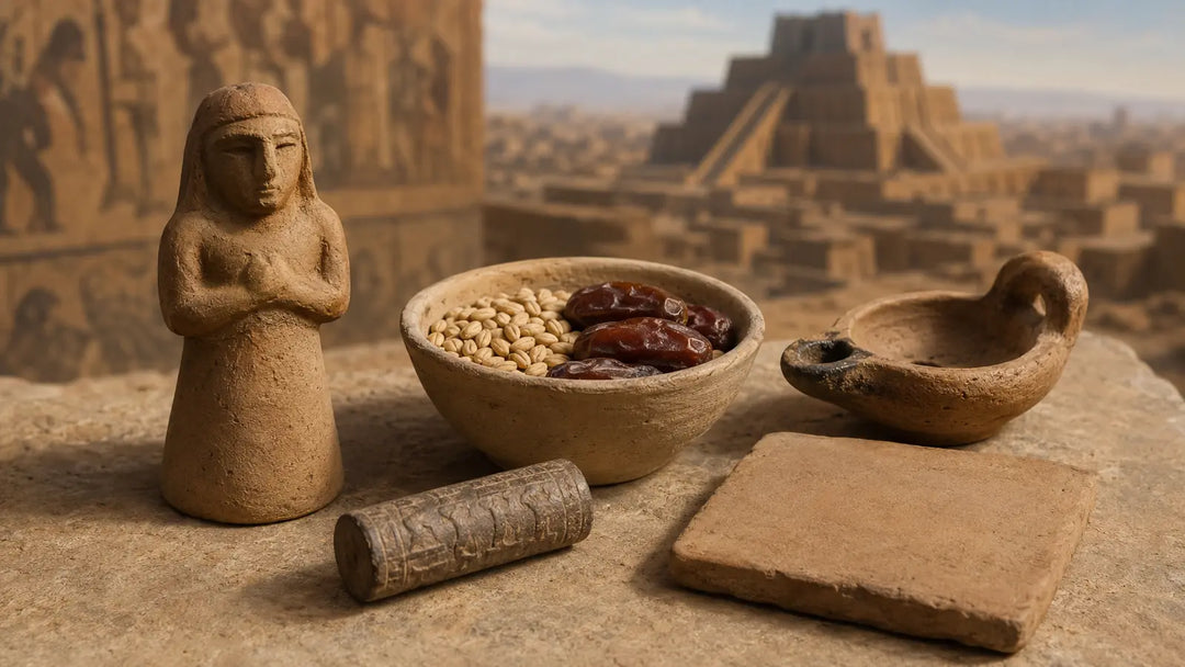 Clay votive figure, barley and date offering bowl, oil lamp, cylinder seal, and blank tablet with a stepped temple in the distance