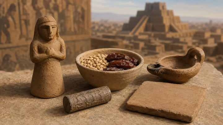 Clay votive figure, barley and date offering bowl, oil lamp, cylinder seal, and blank tablet with a stepped temple in the distance