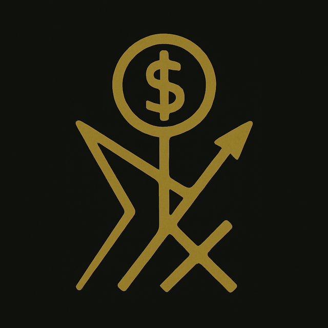 A golden sigil for “Money Spells That Work,” featuring intersecting lines, an arrow, and a circle enclosing a dollar sign on a deep black background.