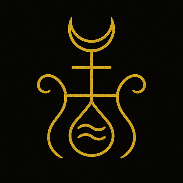 A golden sigil for “Moon Water Magic: How to Make and Use Moon-Charged Water in Your Spells,” featuring a crescent moon atop a cross, a teardrop shape with wave lines inside, and balanced curls on a black background.