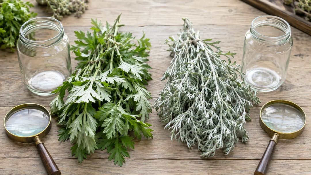Fresh green mugwort and silvery wormwood specimens arranged separately with glass jars and magnifying lenses
