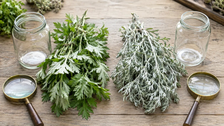 Fresh green mugwort and silvery wormwood specimens arranged separately with glass jars and magnifying lenses