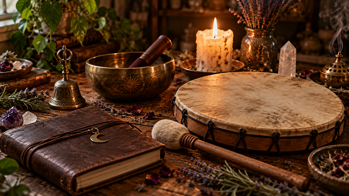 Ritual music setup with frame drum, singing bowl, bell, journal, herbs, crystals, and candlelight