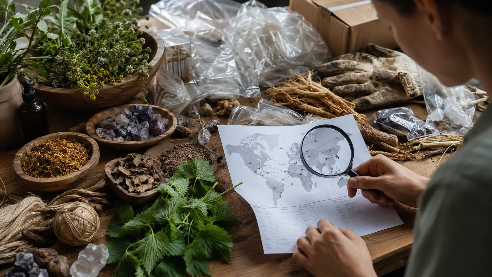 Person examining sourcing records among herbs, roots, crystals, natural fibers, packaging, and work gloves