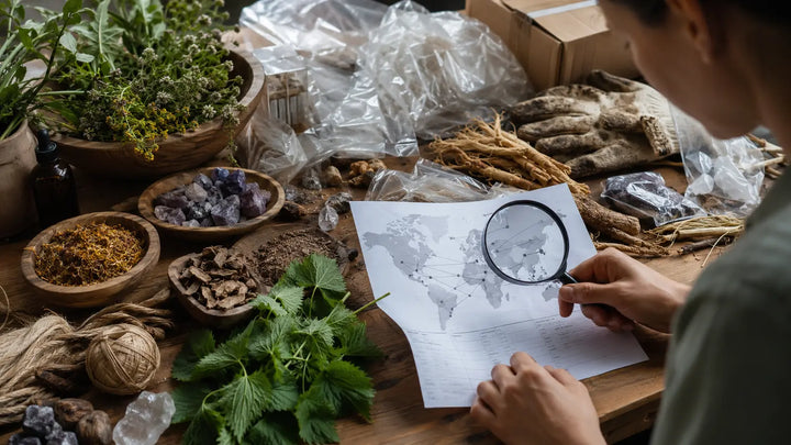 Person examining sourcing records among herbs, roots, crystals, natural fibers, packaging, and work gloves