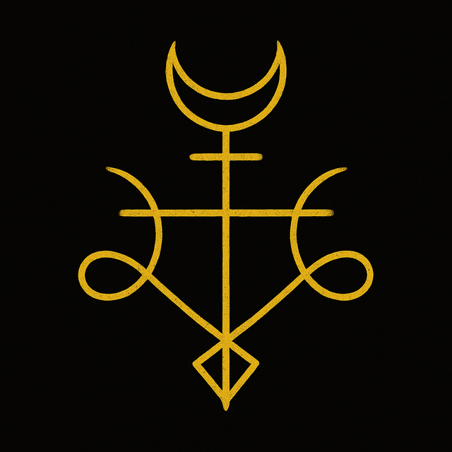 A golden sigil for “New Moon Manifestation Spells: Setting Intentions During the Dark Moon,” featuring a central crescent moon, intersecting lines, and looping symmetrical arms, all set against a black background.