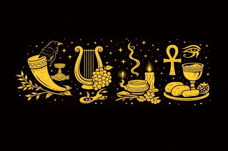 Pagan offering altar with bread, fruit, clean water, flowers, incense, candles, and symbols from several pantheons