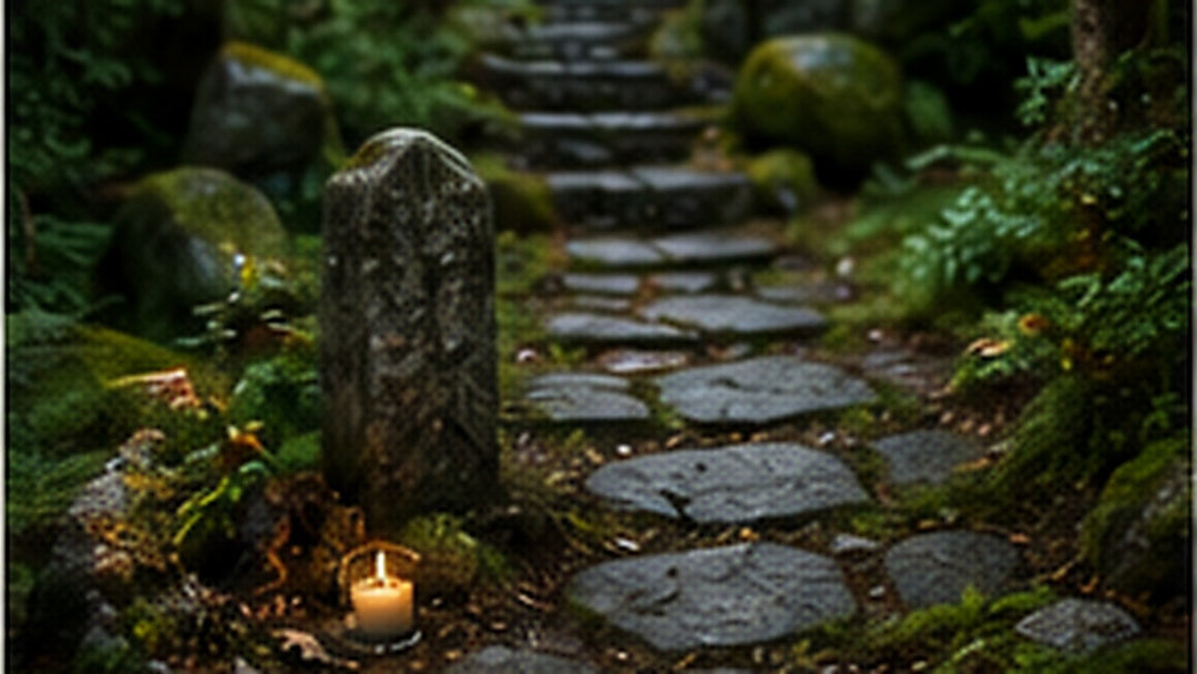 Mossy forest path with a standing stone and candle representing a personal transition into Pagan practice