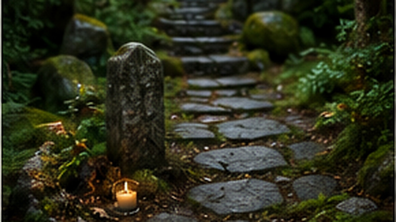 Mossy forest path with a standing stone and candle representing a personal transition into Pagan practice