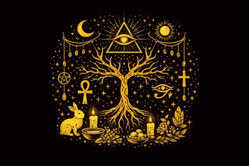 Cosmic landscape joining stars, Earth, forests, water, and human life to illustrate pantheism within Paganism