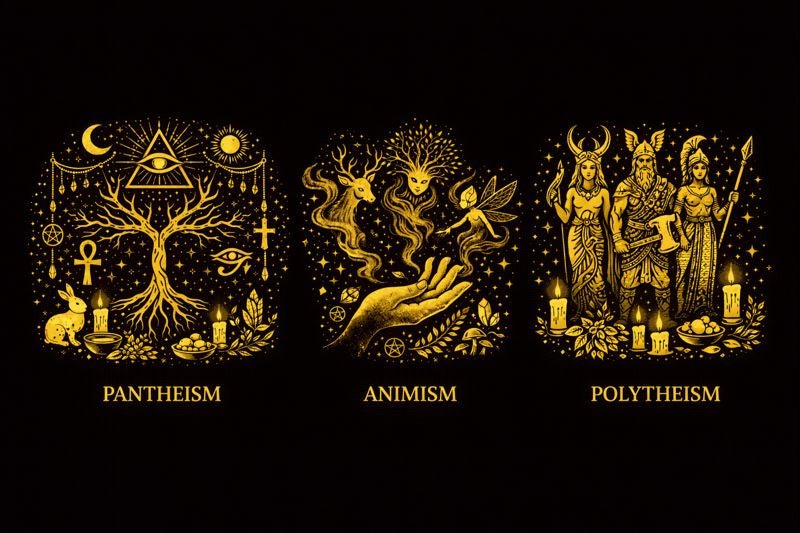 Sacred cosmos, living forest, river spirit, and deity altar comparing pantheism, animism, and polytheism