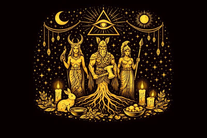 Many deity symbols within a unified cosmic landscape illustrating pantheism with gods