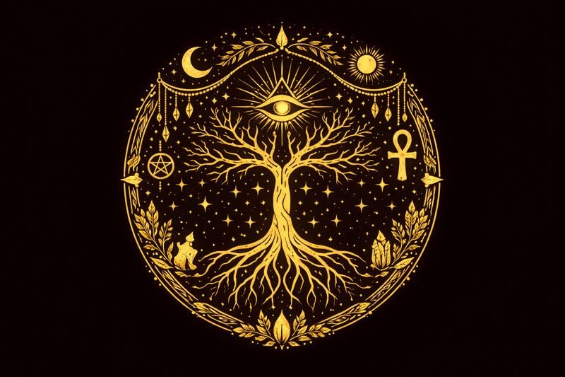 A golden sigil on a black background for the article about godless pantheism