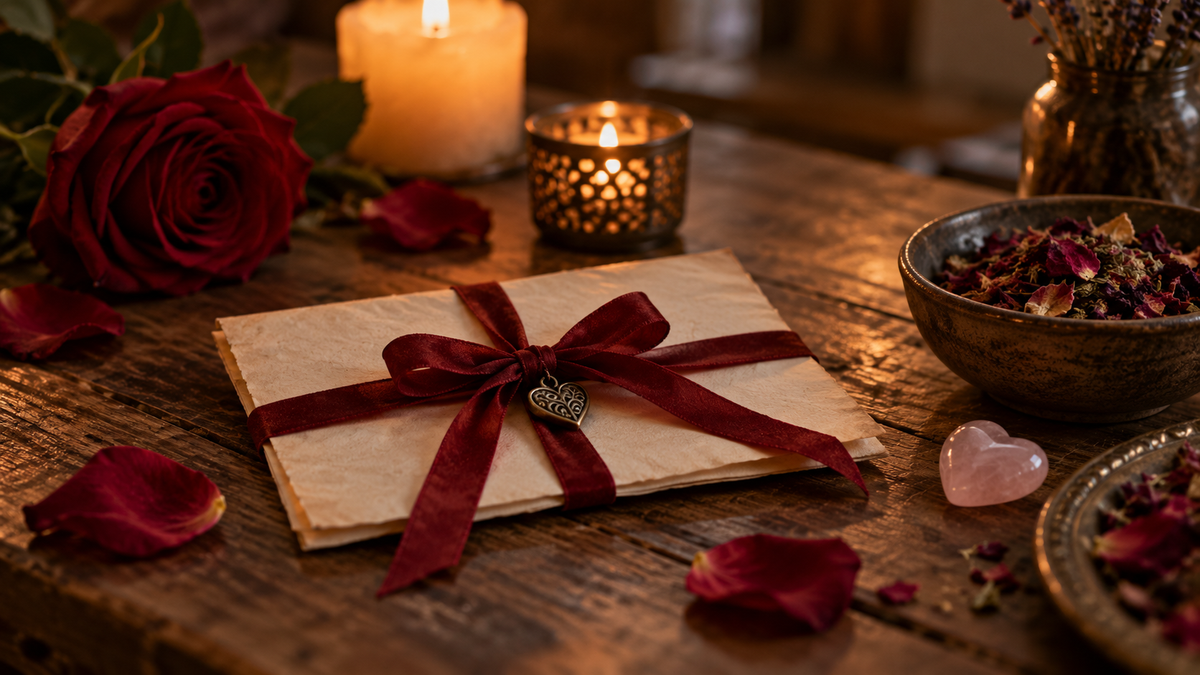 Folded petition papers tied with red ribbon beside a candle, rose petals, herbs, and a small heart charm on a wooden table