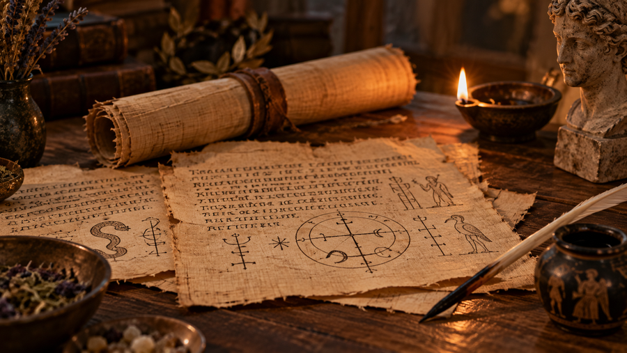Ancient-style papyrus manuscripts, scroll, ink, books, and classical study objects arranged for historical occult research