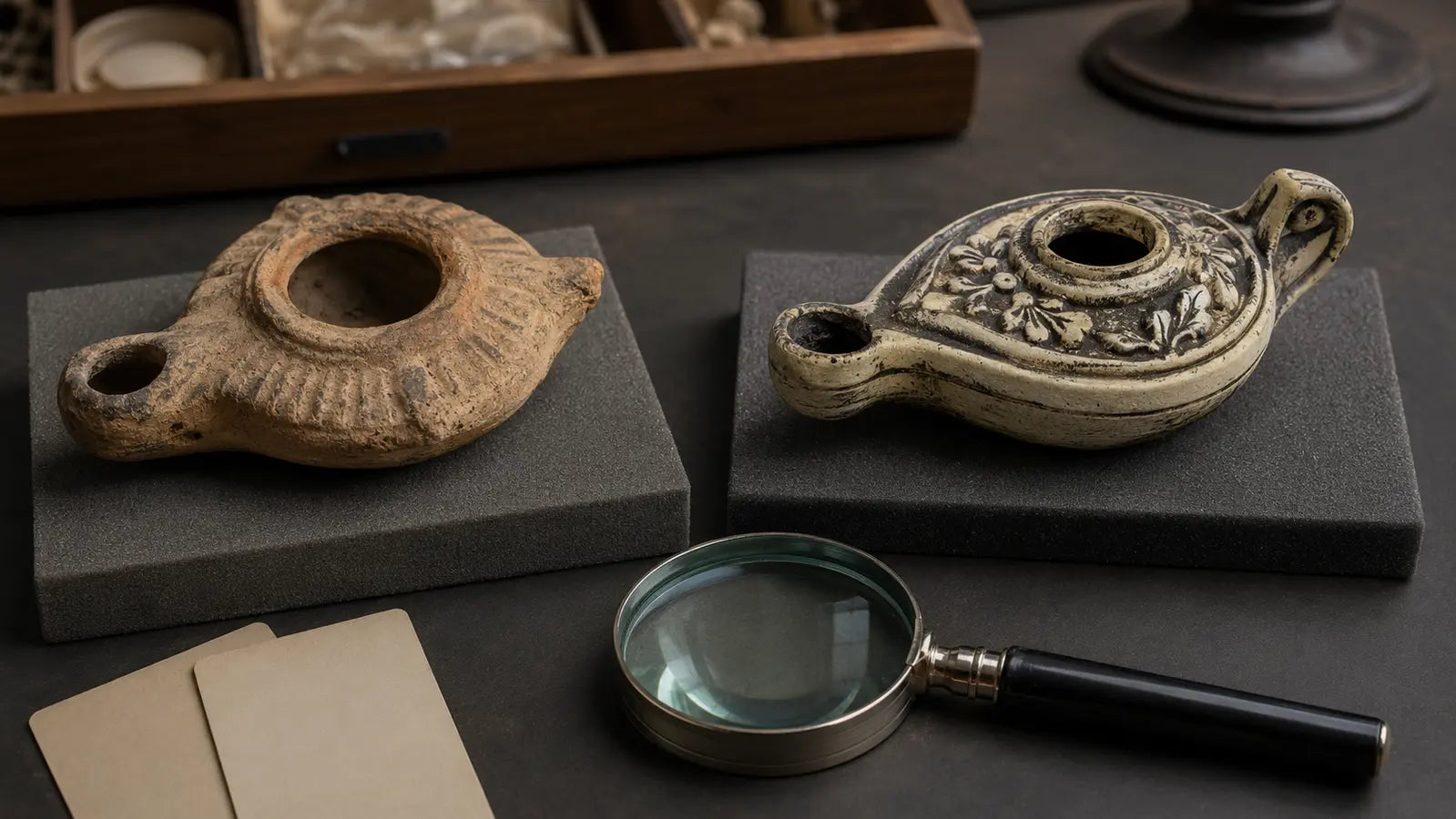 Weathered clay oil lamp compared with a modern faux-aged lamp beside a magnifying glass and archival research cards