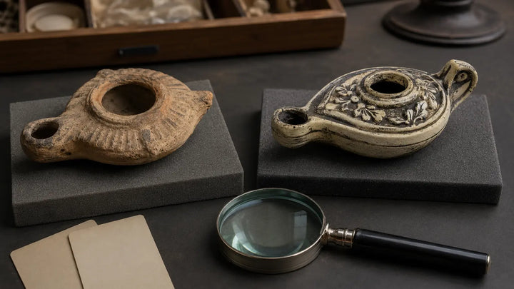Weathered clay oil lamp compared with a modern faux-aged lamp beside a magnifying glass and archival research cards