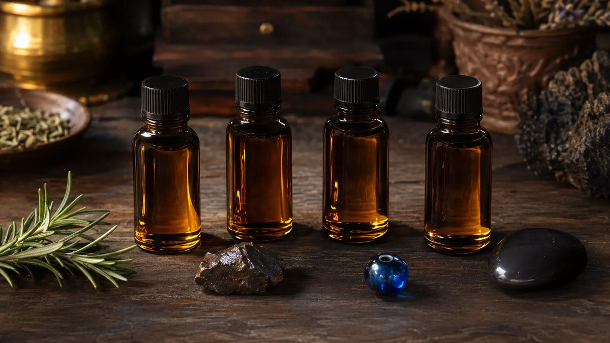 Four unlabeled amber ritual oil bottles with rosemary, iron, blue glass, and black stone accents for comparing protection oils
