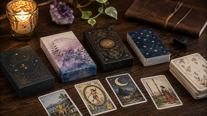 Several tarot decks and court-style cards arranged on a candlelit wooden table