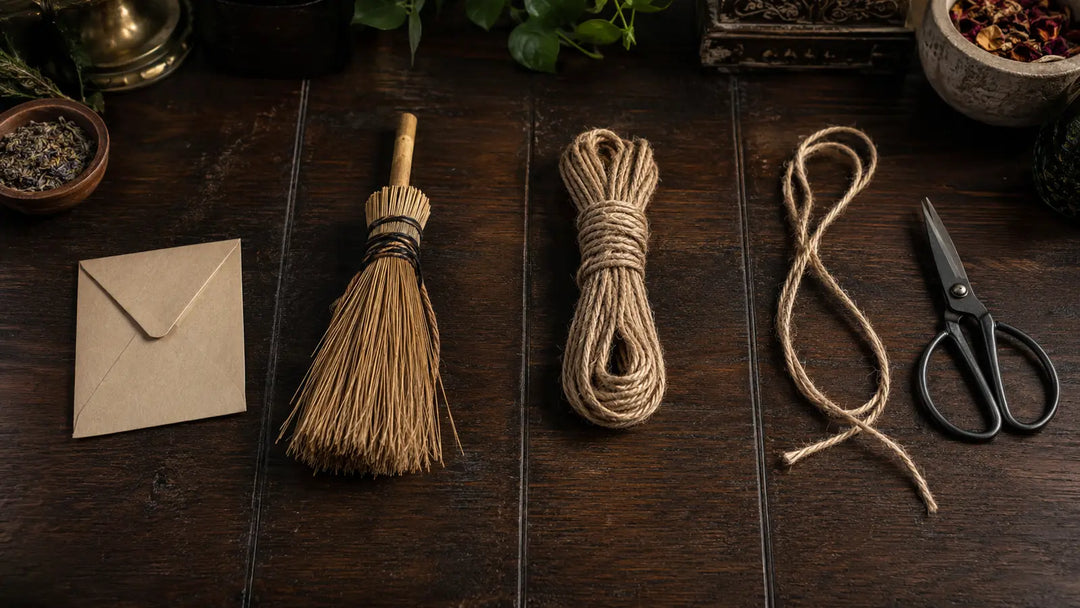 Blank envelope, broom whisk, tied cord, cut cord, and scissors arranged to compare return to sender, banishing, binding, and cord cutting