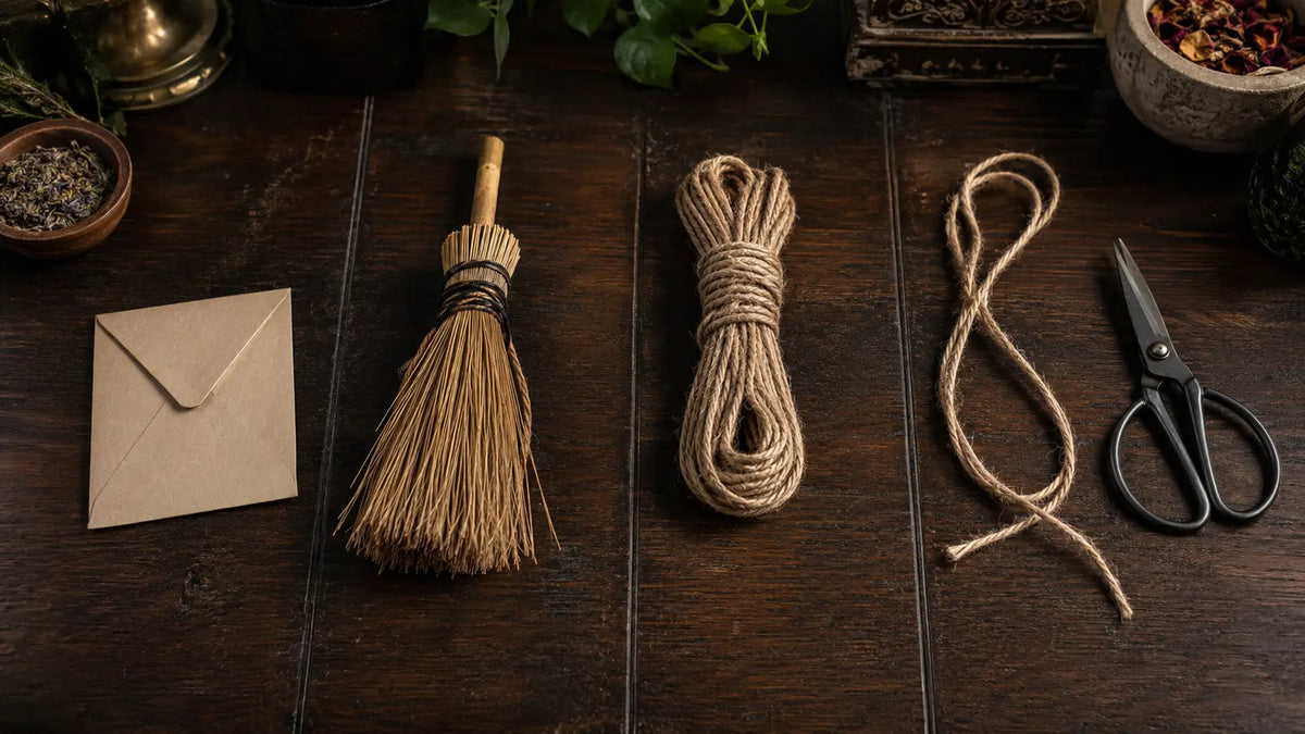 Blank envelope, broom whisk, tied cord, cut cord, and scissors arranged to compare return to sender, banishing, binding, and cord cutting