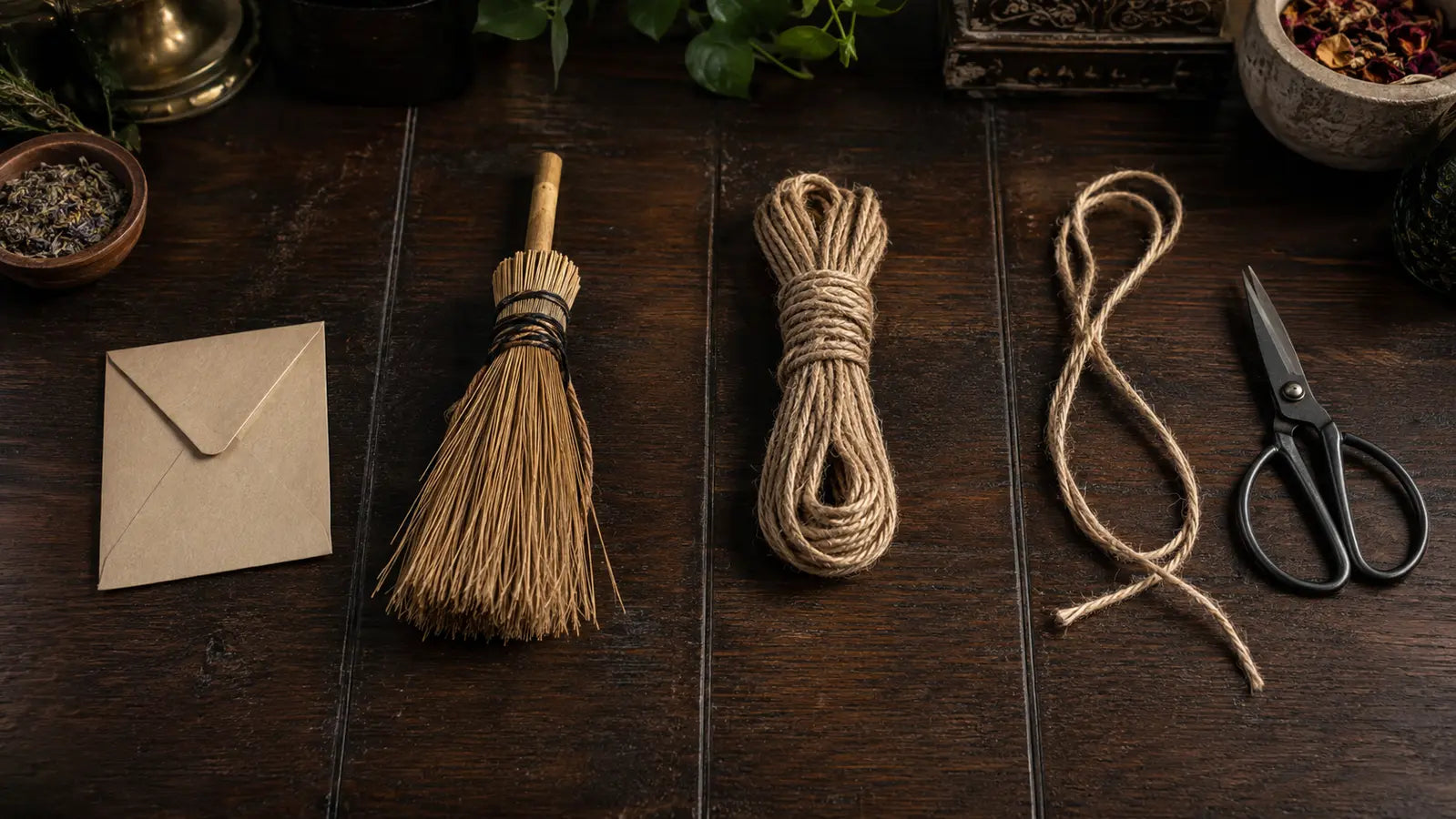 Blank envelope, broom whisk, tied cord, cut cord, and scissors arranged to compare return to sender, banishing, binding, and cord cutting