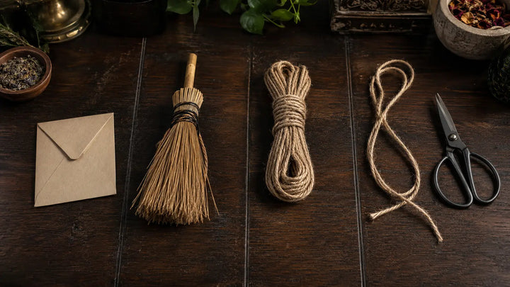 Blank envelope, broom whisk, tied cord, cut cord, and scissors arranged to compare return to sender, banishing, binding, and cord cutting