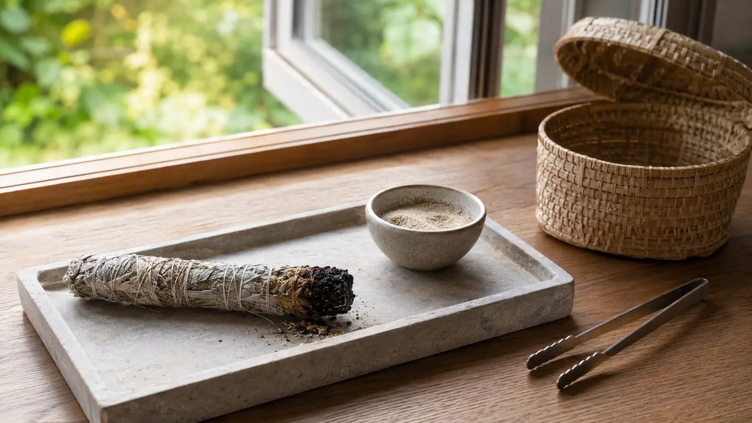 Extinguished herbal smoke-cleansing wand on a stone tray with sand bowl, tongs, and breathable storage basket