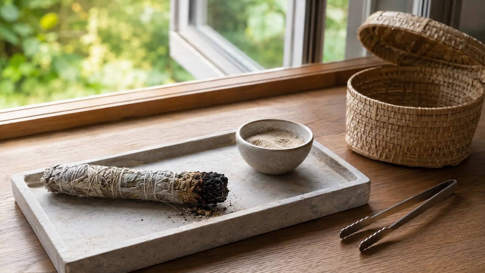 Extinguished herbal smoke-cleansing wand on a stone tray with sand bowl, tongs, and breathable storage basket