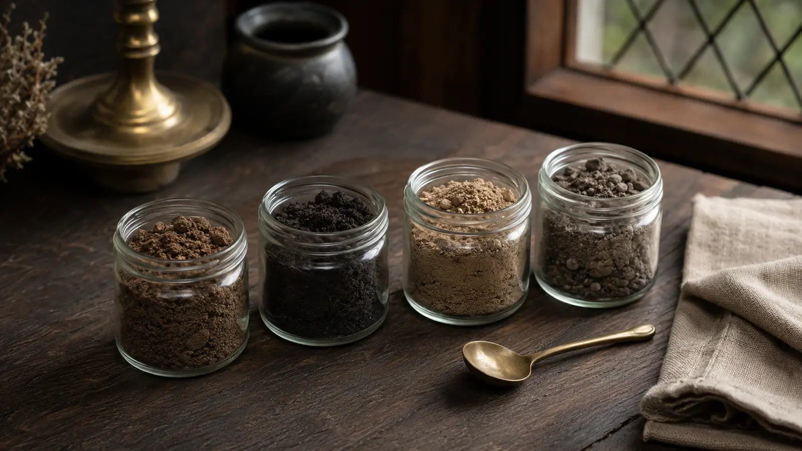 Four glass jars holding different soil samples for an explanation of cemetery, crossroads, graveyard, and bank dirt in ritual practice