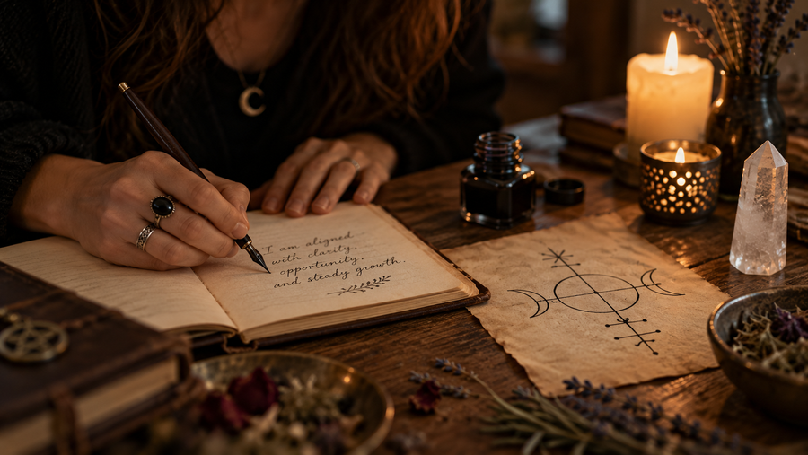 A practitioner writes ritual notes in a journal beside a sigil, ink bottle, candle, quartz point, and dried herbs