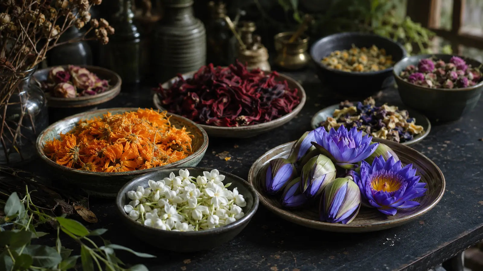 Bowls of star anise, cardamom, cinnamon, berries, pomegranate seeds, and dried citrus peels for ritual practice