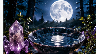 Moonlit ritual water, crystals, and night landscape representing practical and symbolic ritual timing by natural cycles