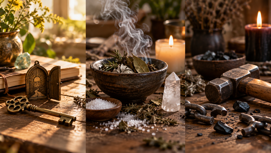 Road Opener, Uncrossing, and Blockbuster represented by a key and open path, cleansing herbs and salt, and a broken chain with hammer