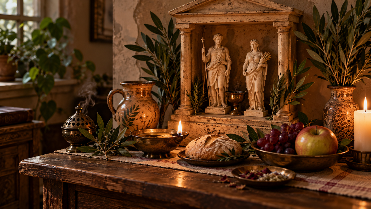Roman household shrine with small classical figures, olive branches, bread, fruit, libation vessel, incense, and candlelight