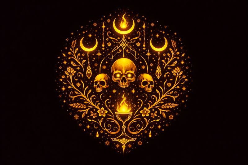 Samhain ancestor altar with photographs, written names, candles, apples, rosemary, marigolds, and a remembrance setting