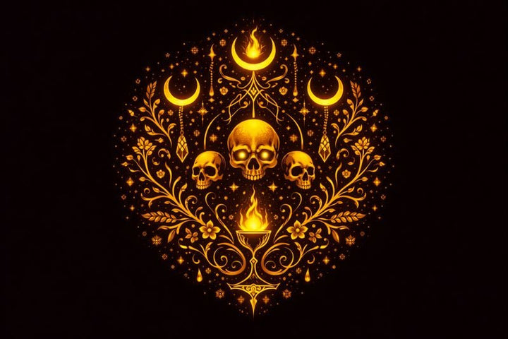 Samhain ancestor altar with photographs, written names, candles, apples, rosemary, marigolds, and a remembrance setting